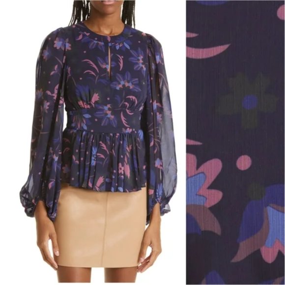 NWT Ted Baker London Stephanie Floral Print Keyhole Detail Blouse in Navy size 1 - Picture 1 of 9